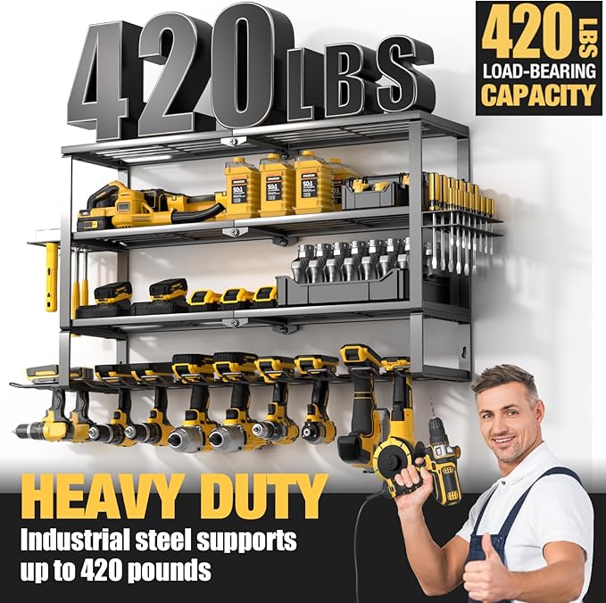 YYR Large Power Tool Organizer Wall Mount, Heavy Duty Metal Cordless Drill Storage Rack with Battery Charging Station Shelf, 
