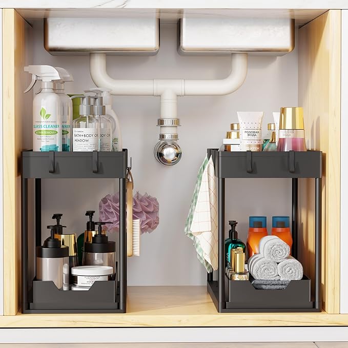 Simple Trending Under Sink Organizer 2 Pack, Sink Pull-Out Sliding Storage Cabinet, 2-Tier Under Shelf Organizer for Kitchen 