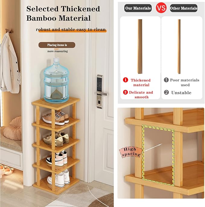 Bamboo Shoe Rack - Vertical Shoe Rack for Small Spaces, Tall Narrow Shoe Rack Organizer for Closet Entryway Corner Garage and