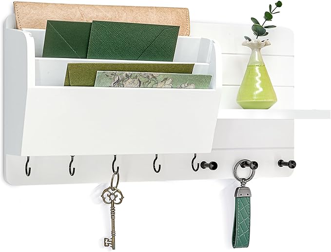 Rebee Vision Pine Wood Modern Key Holder Wall Mount for Home Decor - Mail Holder Wall Mounted with Shelf, Hooks & Mail Slot f