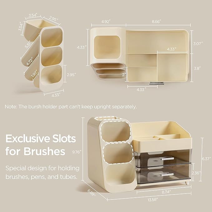 HBlife Makeup Organizer with Brush Holder for Vanity, Large Plastic Bathroom Countertop Organizer Skin Care Storage, Easy to 