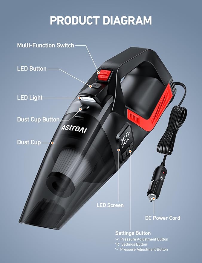 AstroAI 4-in-1 Car Vacuum Cleaner and Tire Inflator Portable with Accessories Air Compressor Digital Dual Values Display, 150