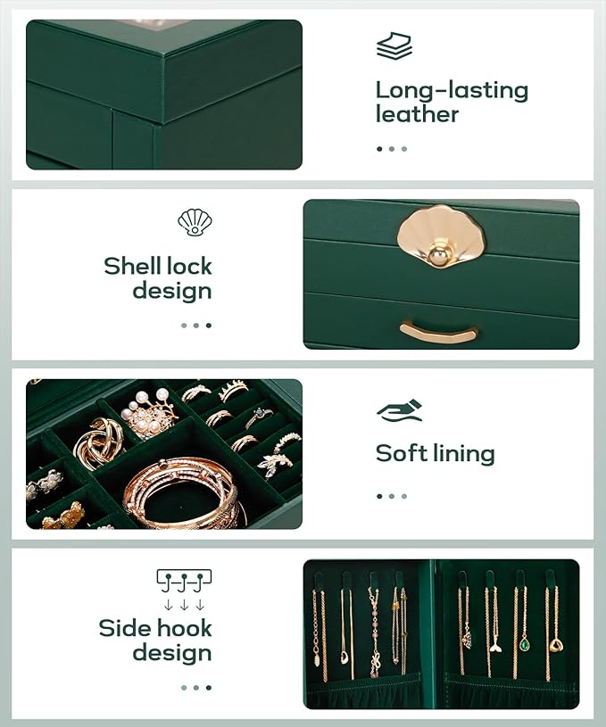 Enthralite Jewelry Box with 4 Drawers: Display Organizer for Earrings Necklaces - Gifts for Girls Women (Forest Green)
