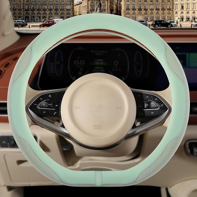 Nappa Leather Green D Shape Steering Wheel Cover, Advanced Microfiber Leather Non-Slip Breathable Fabric, Warm in Winter and 