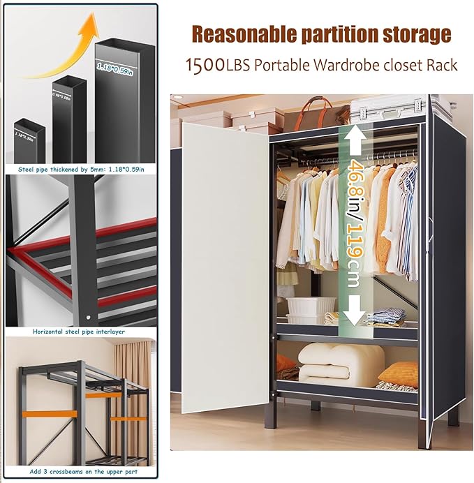 YTLEMON Heavy Duty Clothes Rack with Magnetic Door, Metal Foldable Covered Clothes Rack, Portable Wardroobe Closet System for