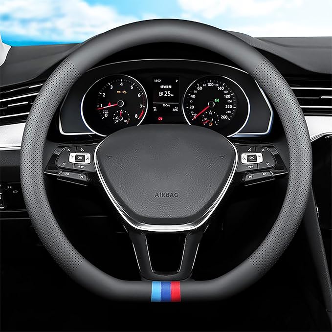 Tricolor Stripes D-Type Steering Wheel Cover, Cute Steering Wheel Cover for Women, 14.5-15 Inch Non-Slip Breathable Microfibe