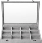 Frebeauty Velvet Jewelry Tray,12 Grid Jewelry Organizer with Clear Lid,Bracelets Holder,Jewelry Display Case with Clasp,Drawe