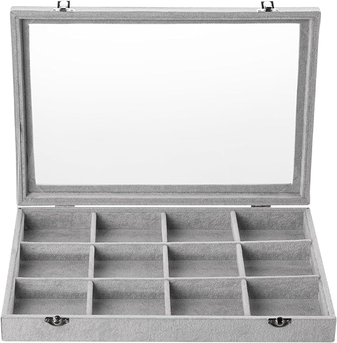 Frebeauty Velvet Jewelry Tray,12 Grid Jewelry Organizer with Clear Lid,Bracelets Holder,Jewelry Display Case with Clasp,Drawe