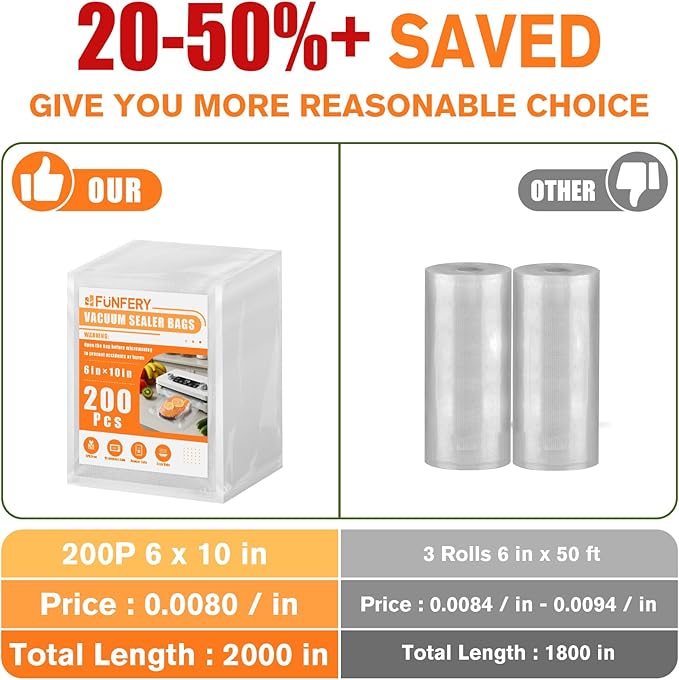 FUNFERY Precut Vacuum Sealer Bags for Food, 200 Pint 6" x 10", Food Long-Term Storage and Sous Vide Commercial-Grade Bag, BPA