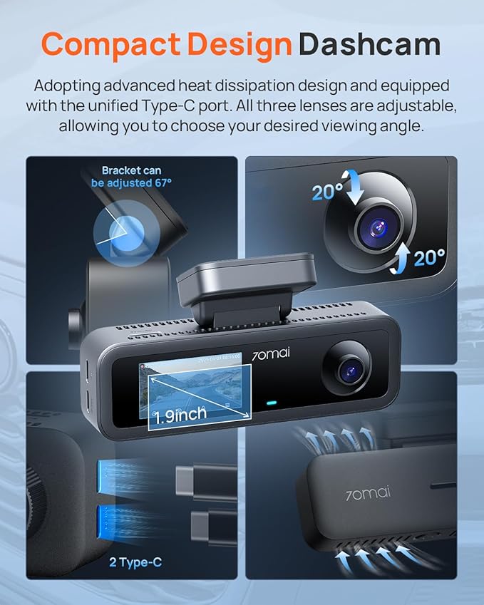 70mai 4K Dash Cam Front and Rear Inside, 3 Channel Car Dash Camera for Cars, Dashcam with GPS, Wi-Fi 6, Voice Control, Parkin