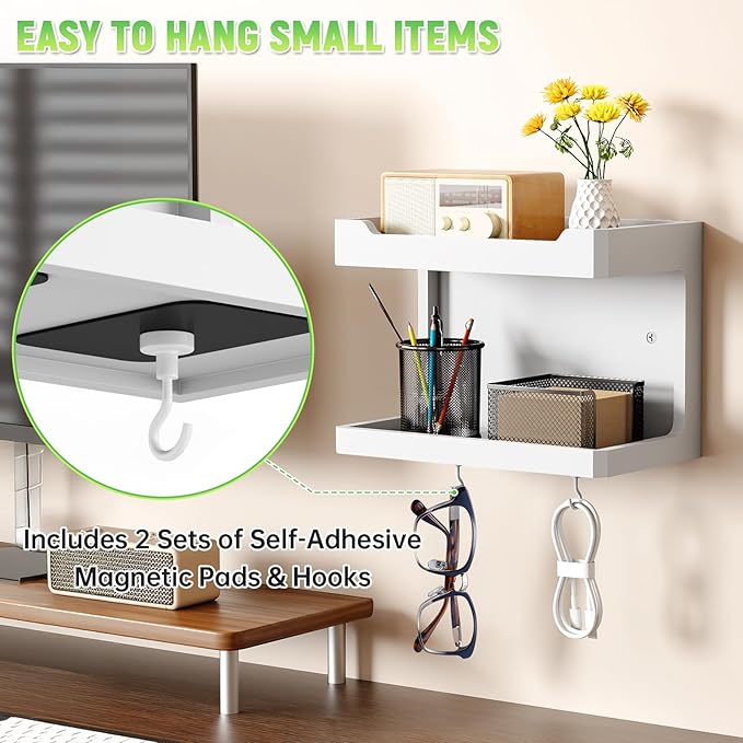 NiHome Large Wall Mounted Wooden Bedside Organizer, Double Storage Shelves & Magnetic Hooks, Solid Wood Bedside Shelf for Pho
