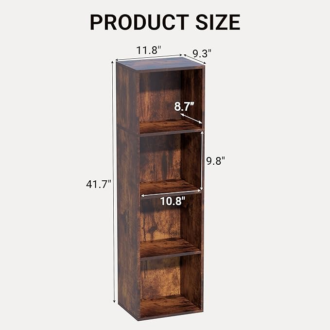 Book Shelf, 4 Cube Storage Organizer, Open Shelves Bookcase 9.3" x 11.8" x 41.7", Bookshelf for Living Room, Bedroom, Home Of