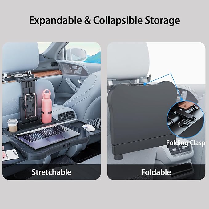 2-in-1 Car Steering Wheel Tray & Back Seat Headrest Tray with Phone Holder, Steering Wheel Desk Food Table for Car Laptop Mount Steering Wheel for Large SUVs, Trucks & Vans