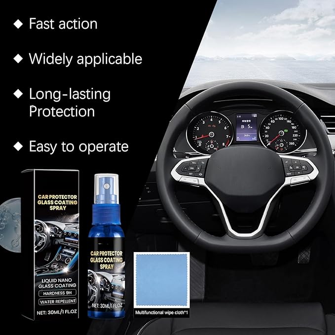 Car Protector Glass Coating Spray, Liquid Nano Formula, 9H Hardness, Water Repellent, 1 fl oz, with Multifunctional Wipe Clot