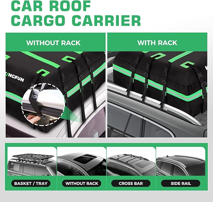 Car Rooftop Cargo Carrier Bag, Waterproof 21 Cubic Feet Car Roof Luggage Carrier for All Vechicles with/Without Racks, Includes Anti-Slip Mat, 8 Reinforced Straps, 6 Door Hooks, Luggage Locks (Green)