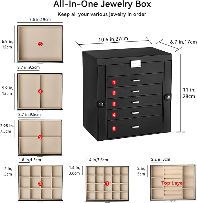 Frebeauty Large Jewelry Box,6-Tier PU Leather Jewelry Organizer,Multi-functional Storage Case with Mirror,Accessories Holder 