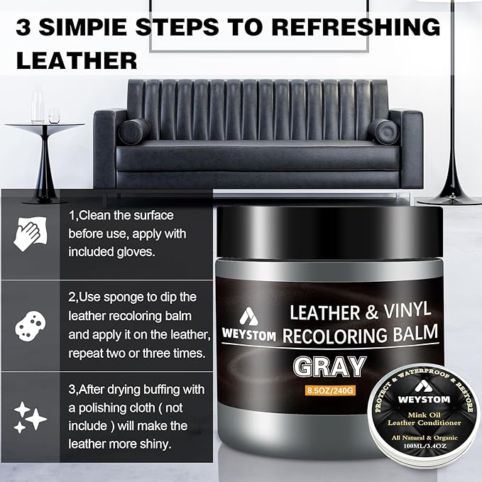 8.5 OZ Leather Recoloring Balm with 100ML Leather Conditioner - Gray Leather Repair Kit for Furniture, Leather Dye, Recolor, 
