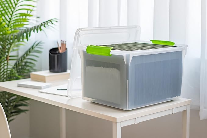 IRIS USA File Box File Organizer Plastic File Box for Letter/Legal File, BPA-Free Plastic Storage Bin Tote Organizer w/Secure