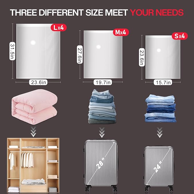 12 Pack Travel Vacuum Storage Bags with High Pressure Electric Pump - Portable Vacuum Seal Bags for Clothing, Luggage & Trave
