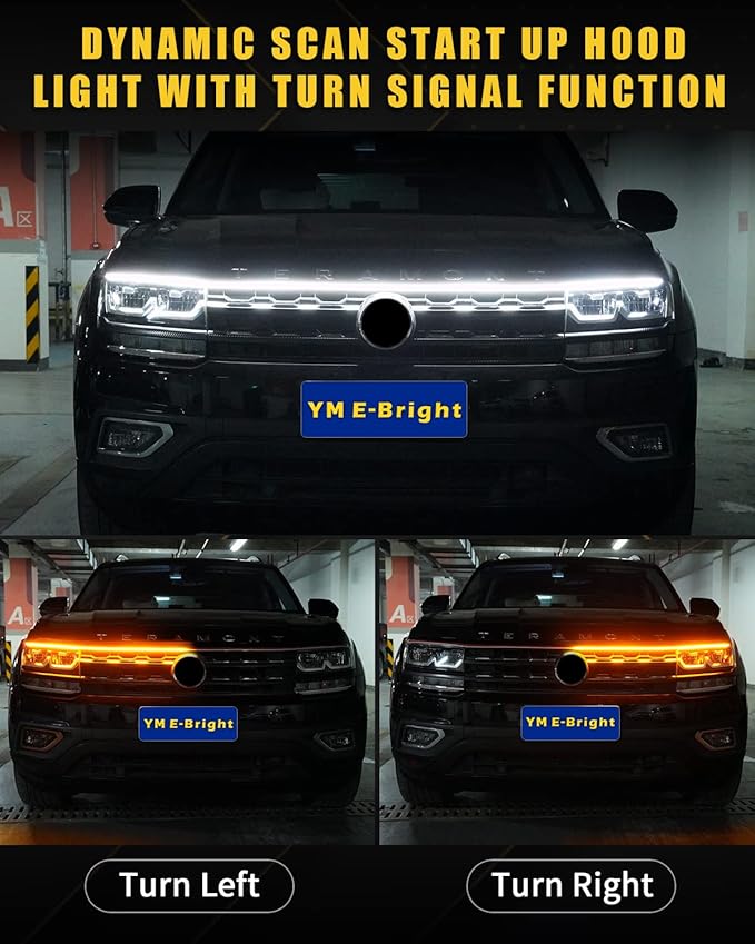 Dynamic Scan Start Up Hood Light Strip Sequential Flowing Turn Signal Lights Flexible DRL Daytime Running Light Car Led Light Strip Exterior,Dual Color Amber White Switchback 12V 59inch (1 Set)