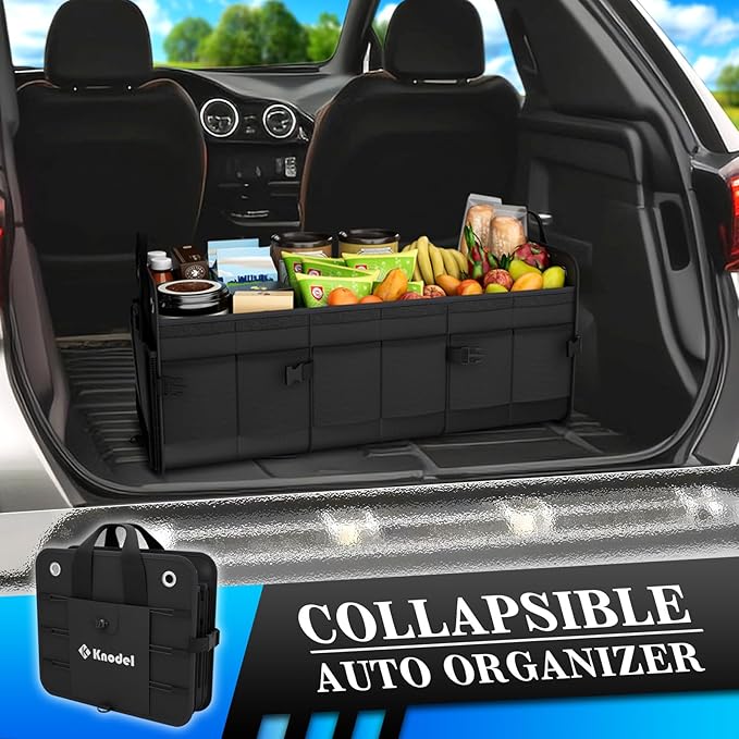 K KNODEL Car Trunk Organizer, Foldable Cover, Heavy Duty Collapsible Truck Storage Organizer, Car Cargo Trunk Organizer with Li