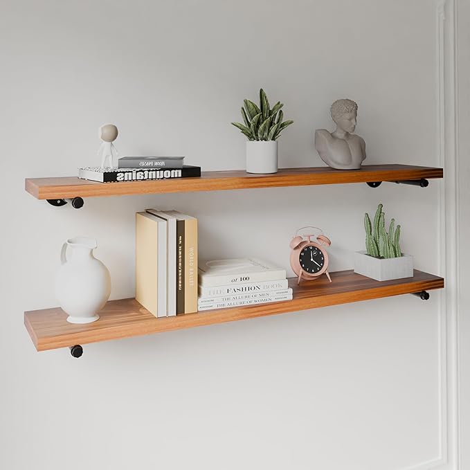 Industrial Pipe Wall Wood Shelves,Real Wooden Shelves 55" in Special Brown Color with 1.2" Extra Thickness, Modern Floating S