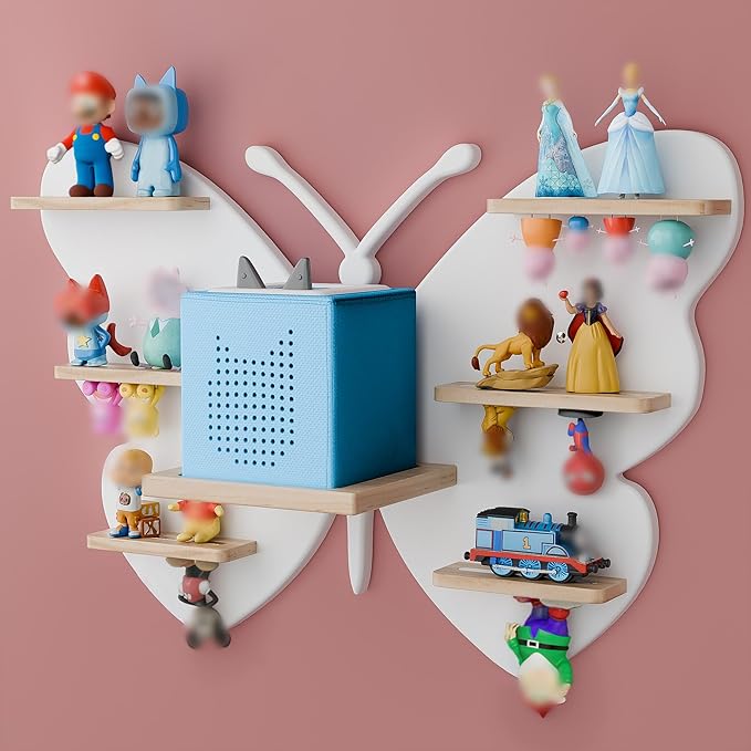Butterfly Tonie Shelf for Tonie&TonieBox - White Magnetic Wooden Floating Shelves for Storage, Cute Tonie Wall Shelf for 20-3