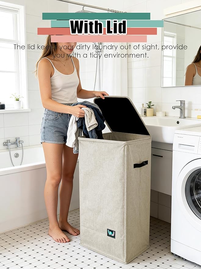 WTREE Laundry Hamper with Lid, Reinforced Sturdy Clothes Hamper with Anti-Puncture Base, Large Collapsible Laundry Basket wit
