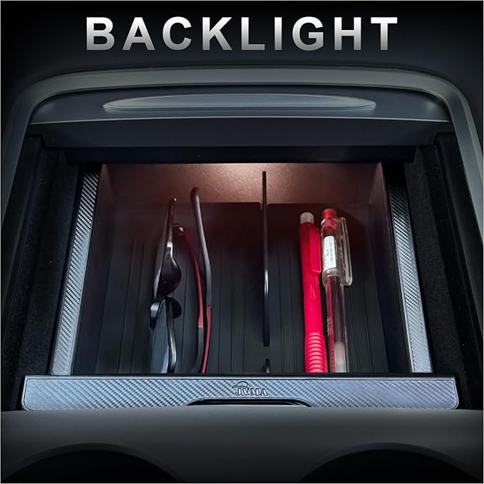 JVMA Center Console Organizer for Tesla Model Y 2024 2023 2022 2021 and Model 3 2021-2023 Accessories with Backlight Transparent Smooth Slide 3 Carbon Edition Upgrade