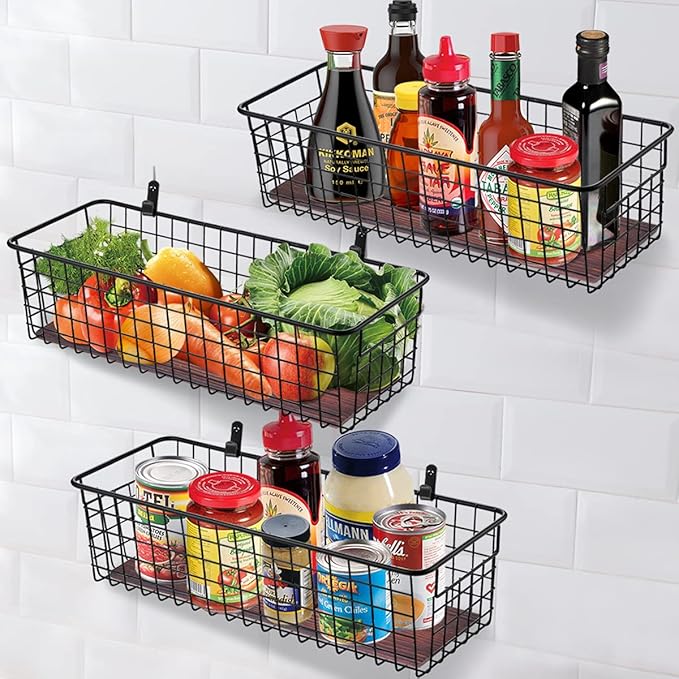 4 Set [Extra Large] Portable Metal Farmhouse Wall Decor Storage Organizer Basket Bin with Handles and Floating Shelves for Ha