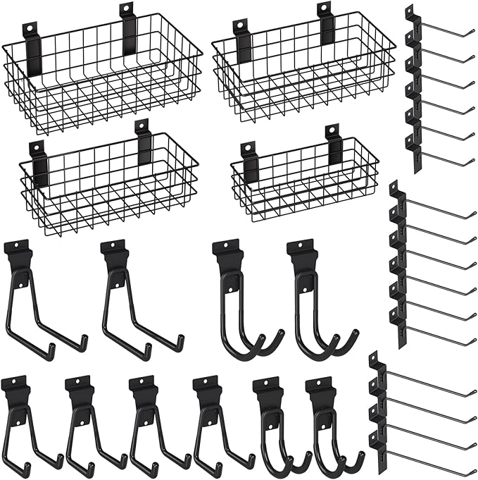INCLY 30PCS Slatwall Accessories Set, Includes 4 Pack Ventilated Metal Wire Slatwall Baskets and 26PCS Multisized Heavy Duty 