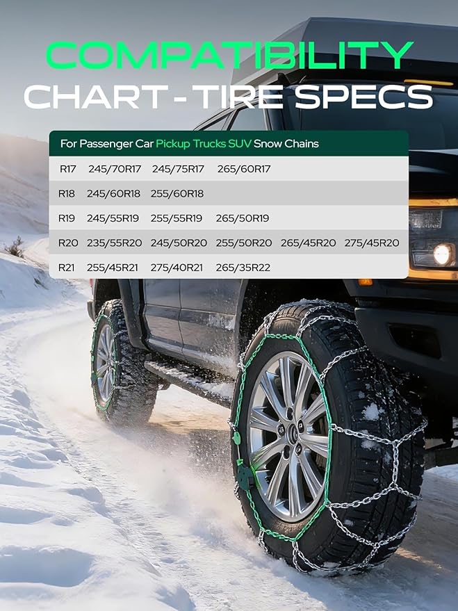 YHTAUTO Set of 2 Snow Chains 12mm for Pickup Truck SUV Passenger Car Universal Fit Tire Chains Auto-Tightening Quick Installa