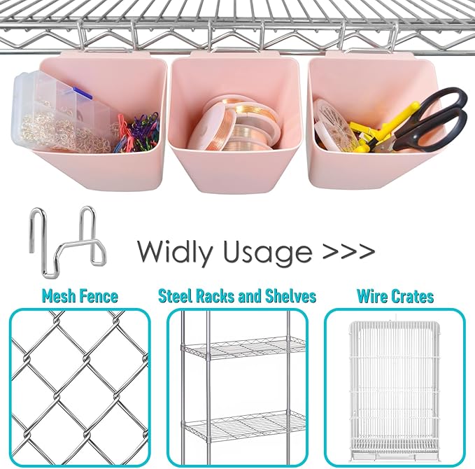 G.CORE Large Grid Wall Bins - 6Pack Pink Gridwall Accessories Hanging Cups with Back Hooks - Plastic Grid Wall Panels Organiz