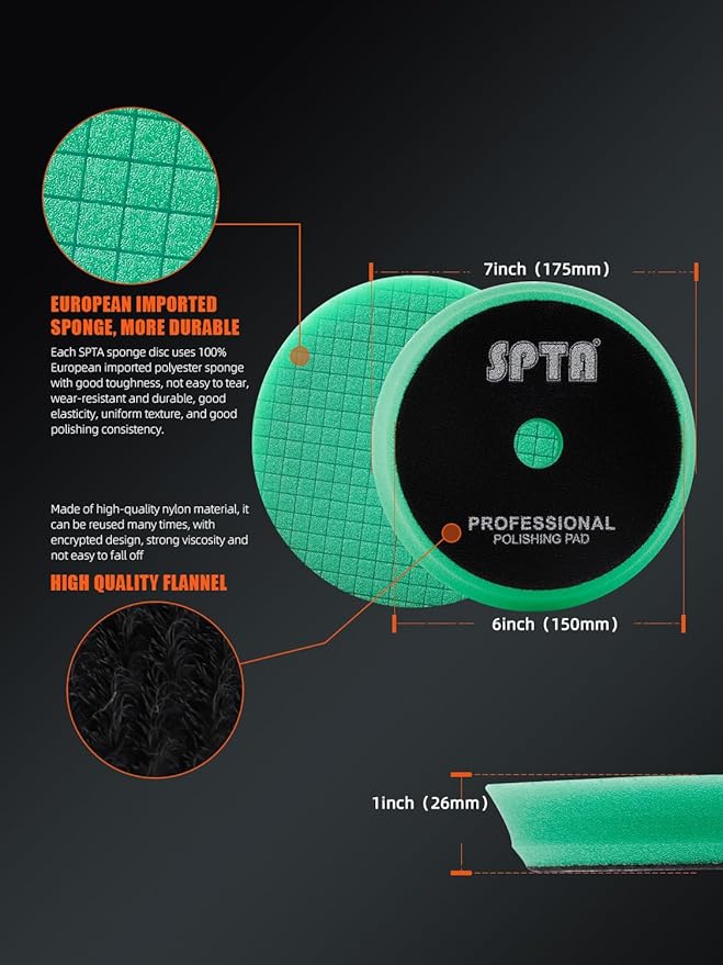 SPTA 10 Pcs Detailing Set, 5Pc 6 inch Buffing Polishing Pads, 1 Microfiber Finish Pad, 1-16 oz Polishing Cleaner, 1 Conditioning Brush, 2-16"*16" Microfiber Towel. for Dual Action and Rotary Polishers