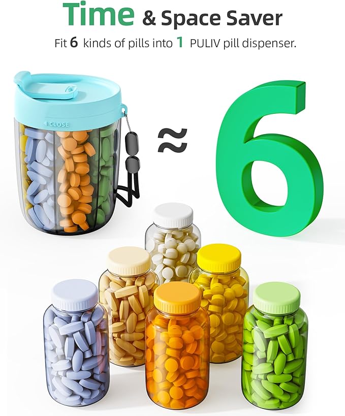 PULIV Large Supplement Organizer Bottle, Holds Plenty of 6 Various Vitamins in 1 Pill Dispenser with Anti-Mixing & Wide Openi