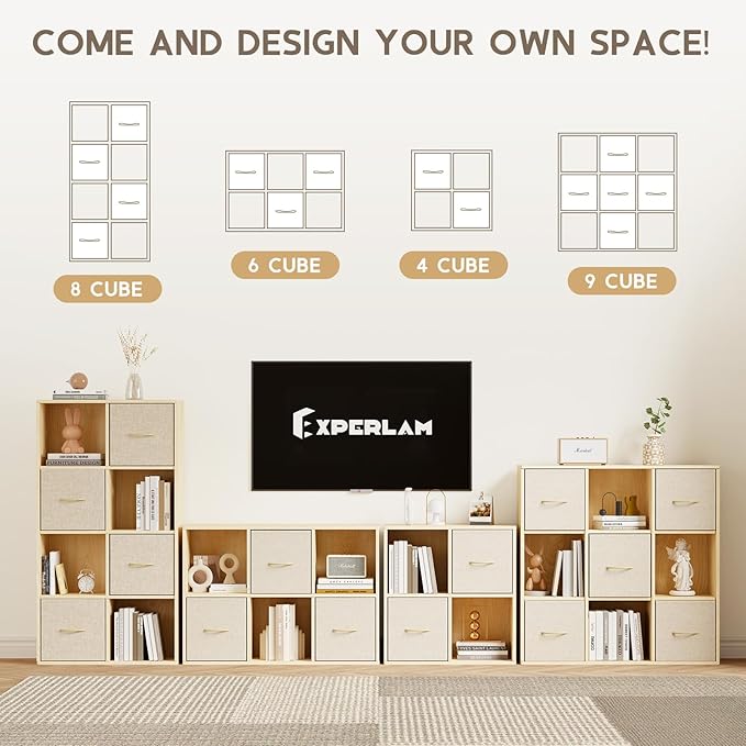 EXPERLAM 9 Cube Storage Organizer - Solid Wood Bookshelf with 5 Storage Bins, Cube Shelf with 3 Removable Back Panels, Vertic