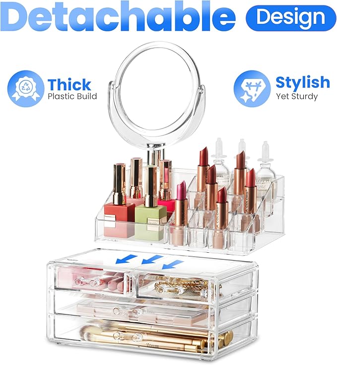 Masirs Clear Makeup Organizer with Mirror – 16-Compartment Cosmetic and Jewelry Holder, 4-Drawer Vanity Storage, Elegant Clea