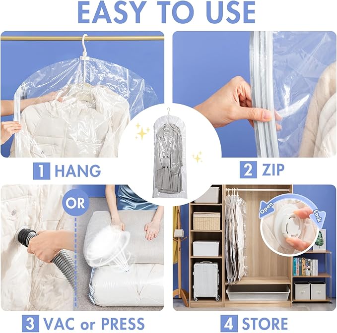 Hanging Vacuum Storage Bags, 6 Pack (53 x27.6 inch), Vacuum Seal bags for Clothing, Garment Storage for Coat, Jacket, Suits, 
