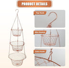 Hanging Fruit Basket – 3 Tier Hanging Baskets for Kitchen – Heavy Duty Wire Fruit and Vegetable Basket with Hooks, Copper Fin