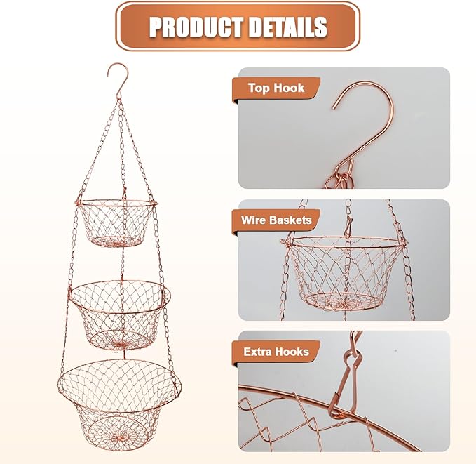 Hanging Fruit Basket – 3 Tier Hanging Baskets for Kitchen – Heavy Duty Wire Fruit and Vegetable Basket with Hooks, Copper Fin
