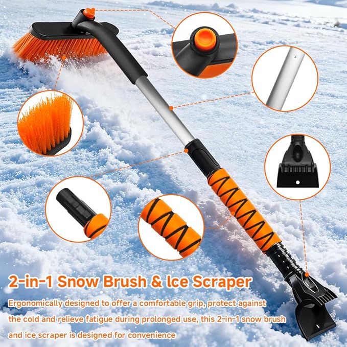 Snow Brush with Ice Scraper, Ice Scrapers, Car Windshieldand Extendable Snow Brush with Foam Grip and 360° Pivoting Brush Head, Detachable Snow Scrapers & Ergonomic Foam Grip for Cars (Orange)