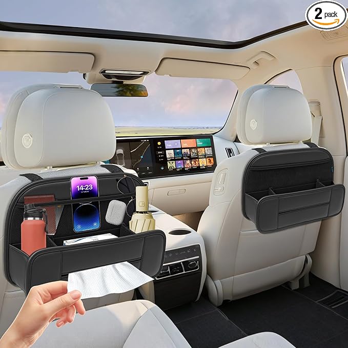 FLORICH Hanging Car Backseat Organizer, 5-in-1 Premium Leather Headrest Seat Back Storage with Cup Holder, Foldable Hanging Car Tissue Holder 2 Pack