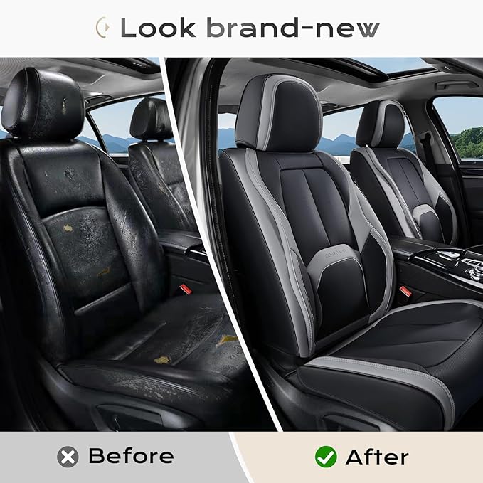 Coverado Car Seat Covers, Leather Seat Covers Full Set, Waterproof Car Seat Protector with Lumbar Support, Automotive Seat Co