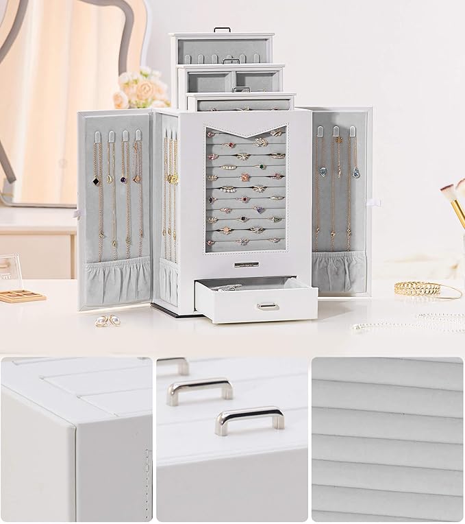 Homde Jewelry Organizer with Transparent Window Necklace Hooks Gift for Women Jewelry Box Display Case for Necklaces Rings Ea