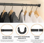 Closet Rod for Hanging Clothes, 17 to 37 Inch Adjustable Closet Hanging Rod, Heavy Duty Clothes Hanging Rod Bar Black Metal C