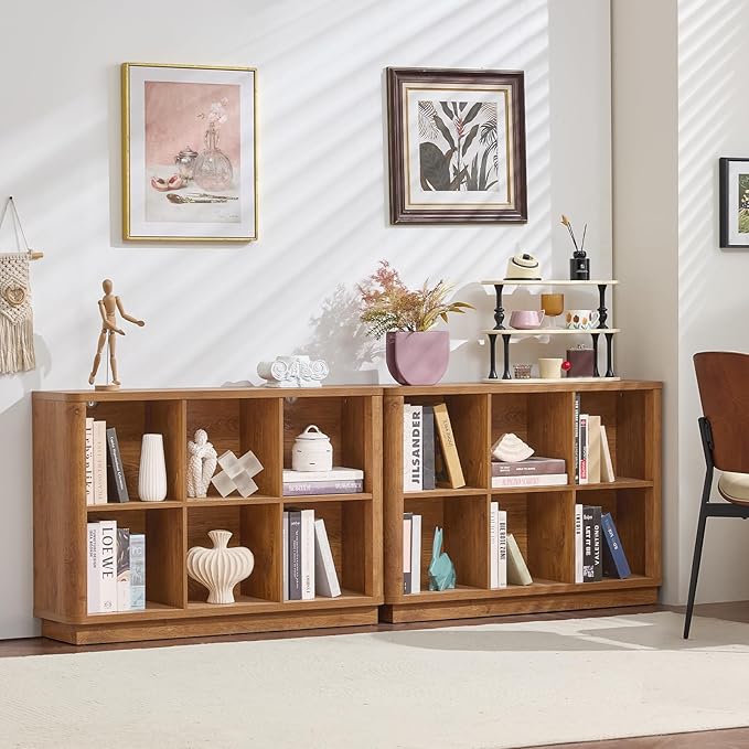 Joaxswe 6 Cube Storage Book Shelf, 40" Wide Low Horizontal Bookcase with Curved Edge, Floor Standing 2-Tier Wooden Bookshelf 