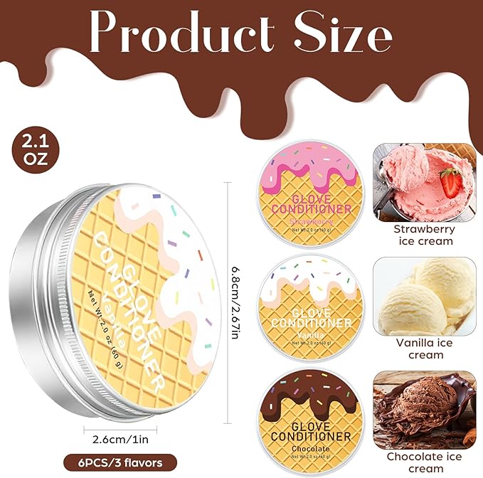 6 Pcs Baseball Glove Conditioner Bulk Strawberry, Chocolate, Vanilla Ice Cream Scented Glove Conditioning 2oz for Baseball, S
