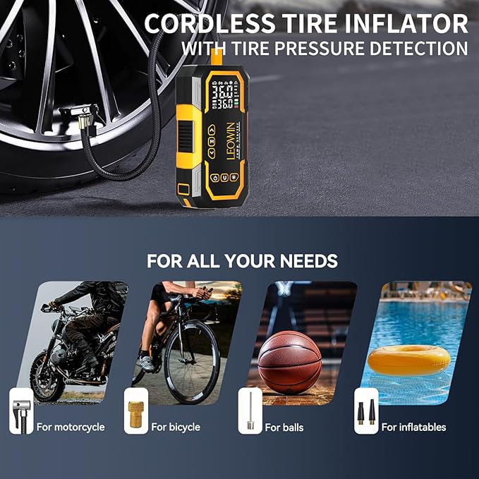 Jump Starter with Air Compressor, Battery Jumper Starter Portable(9.0 Gas/6.5L Diesel) with Tire Inflator, 12V Car Battery Jump Starter with Smart Jumper Cables, LED Light, LCD Display
