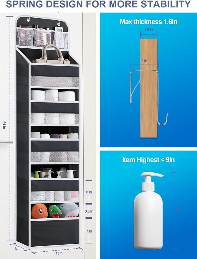 Over the Door Organizer Storage - 5 Tier Hanging Storage shelves Door Organizer with Pockets, Anti Tilt 44 lb Load Behind Doo