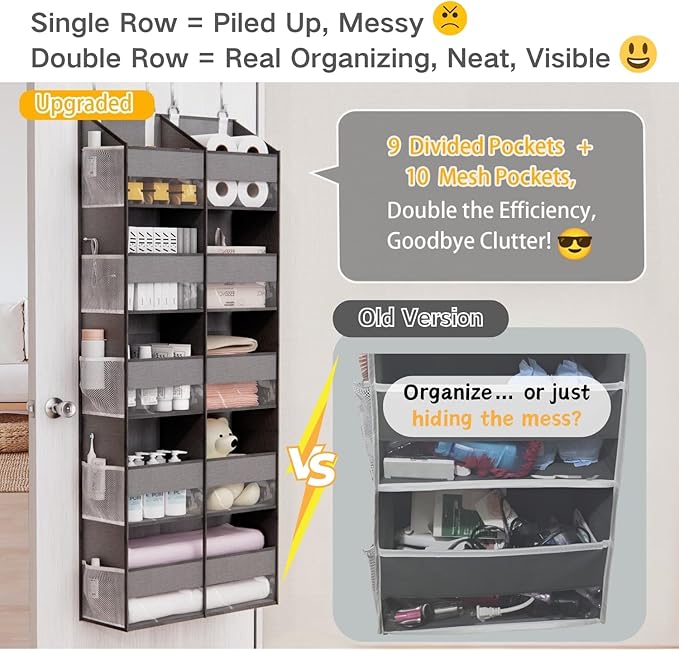 Over The Door Organizer with 5 Shelves, 9 Compartments + 10 Side Pockets, 90+ lbs Weight Capacity, Heavy-Duty Behind the Door